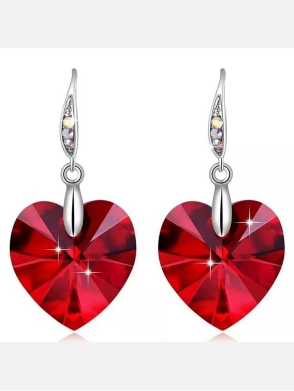 Red Crystal Heart Drop Dangle Silver Hook Earrings